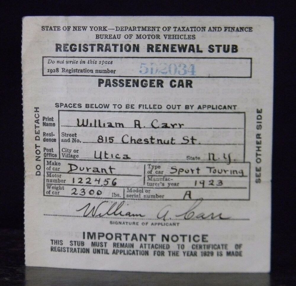 1928 New York State DMV Passenger Car Registration Renewal ...