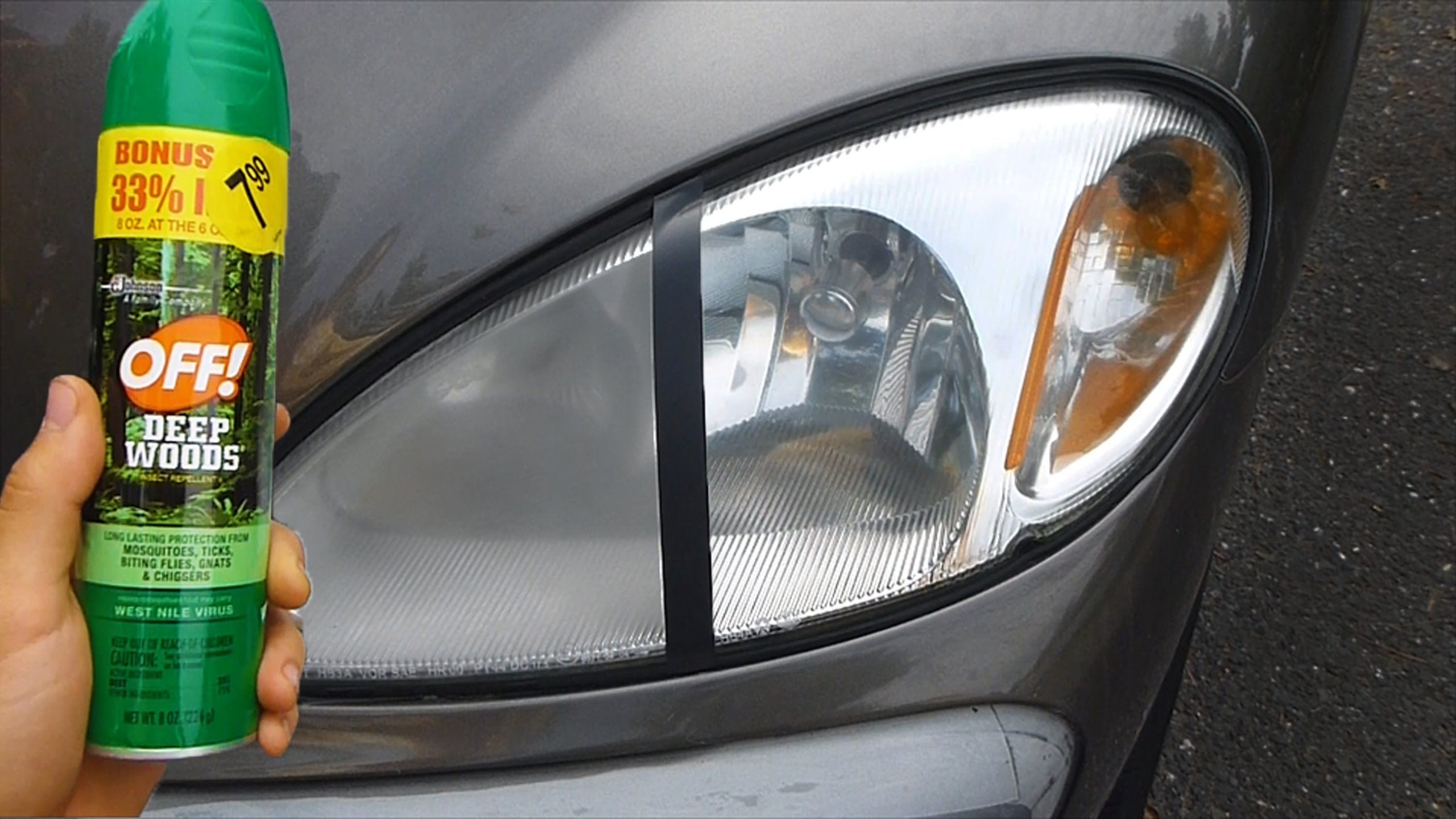 Bug spray headlight restoration, This is a video to show ...