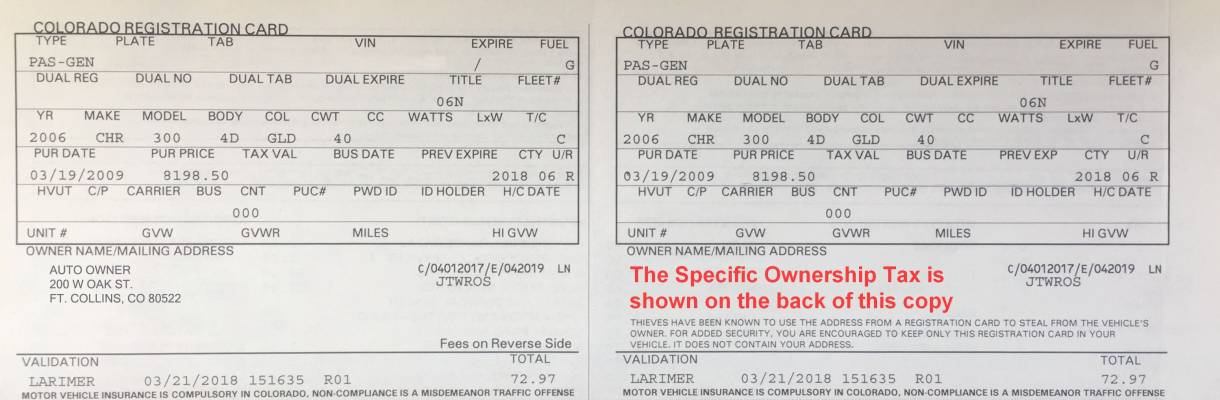 Colorado Vehicle Ownership Tax Not On Registration