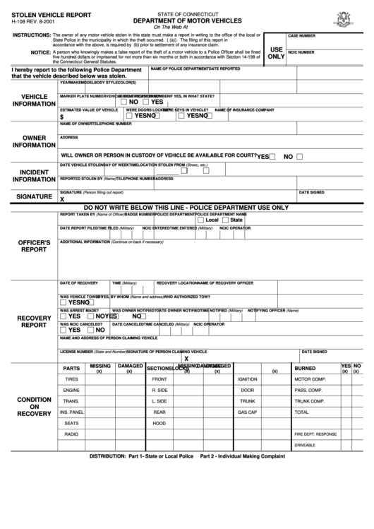 Fillable Stolen Vehicle Report printable pdf download