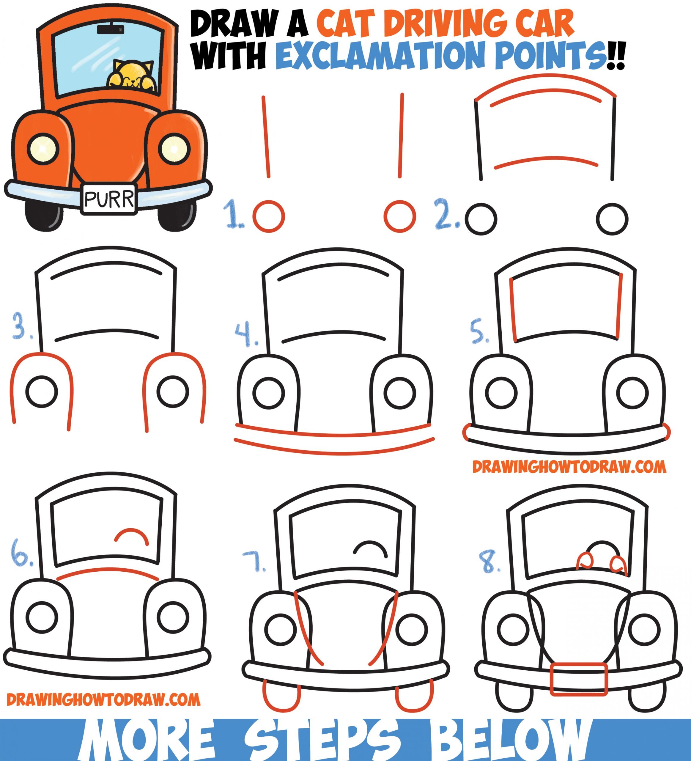 How to Draw Cute Cartoon Cat Driving a Car from ...
